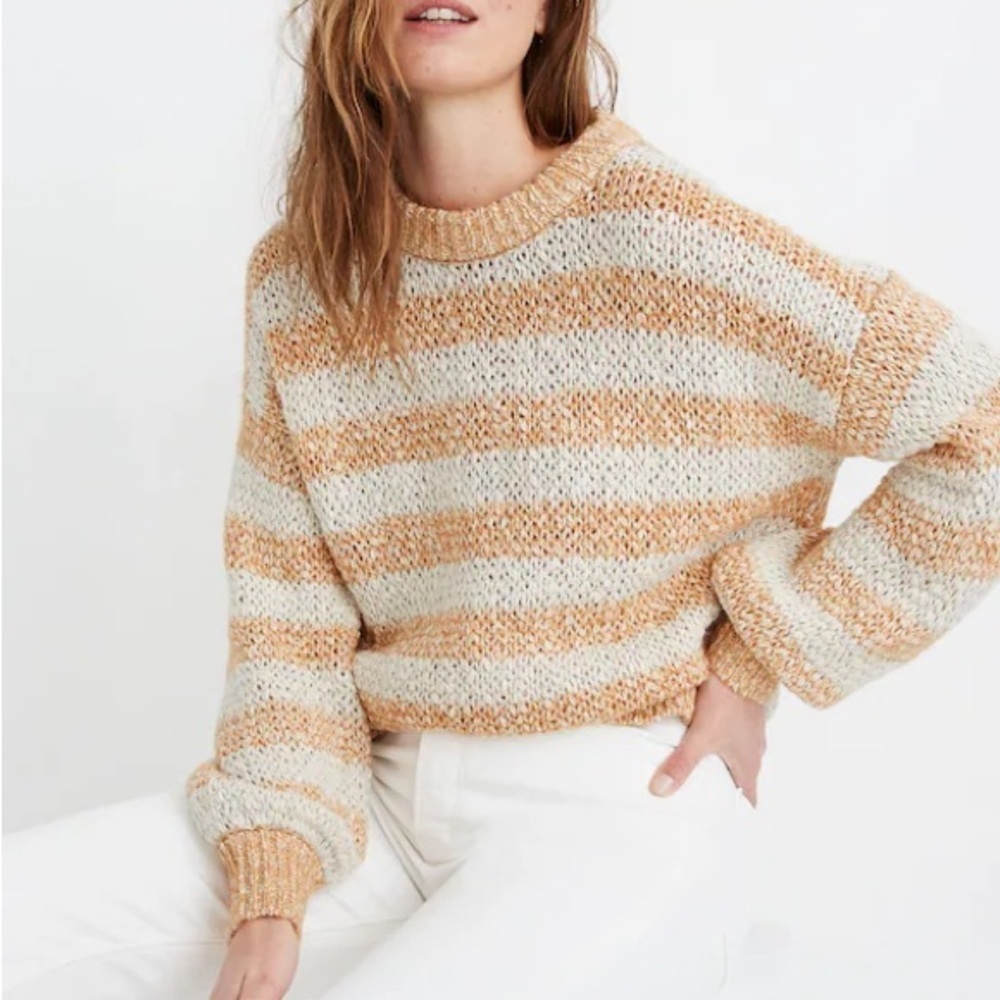 Madewell Baez Pullover Wool Alpaca Cotton Blend Marled Caramel Stripe Sweater S